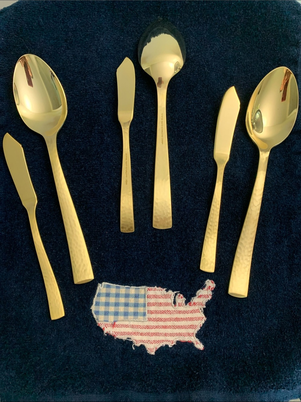 Hammered Gold Flatware Serving Set - 6 Polished Gold Spreaders & Spoons NWOT